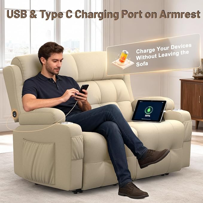 Reclining Loveseat with Pebble Texture Fabric, Loveseat Recliner with USB/Type