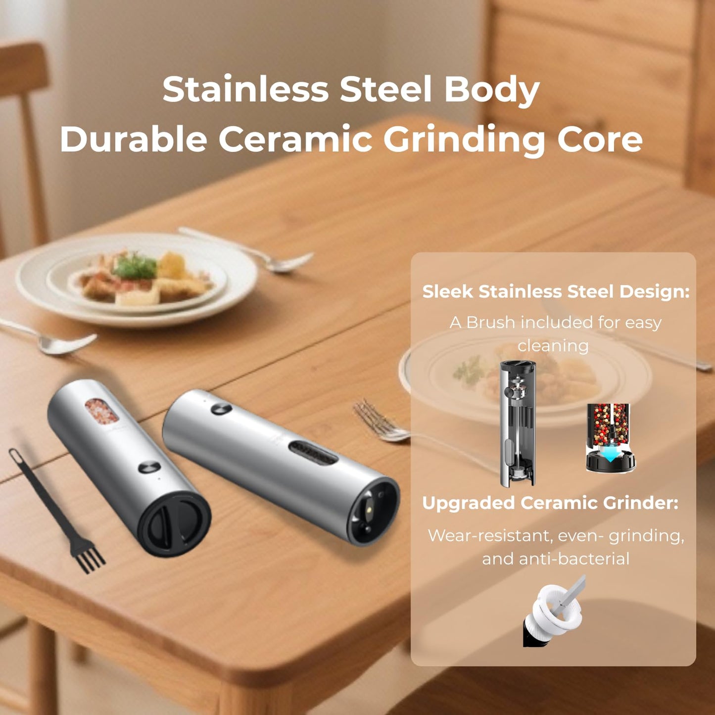 Electric Salt And Pepper Grinder Set, Rechargeable Dual Charging Base, Automatic Refillable Pepper Mills, with 110ml Large Capacity, Adjustable Coarseness & LED Light, Ideal for Kitchen, Outdoor & BBQ