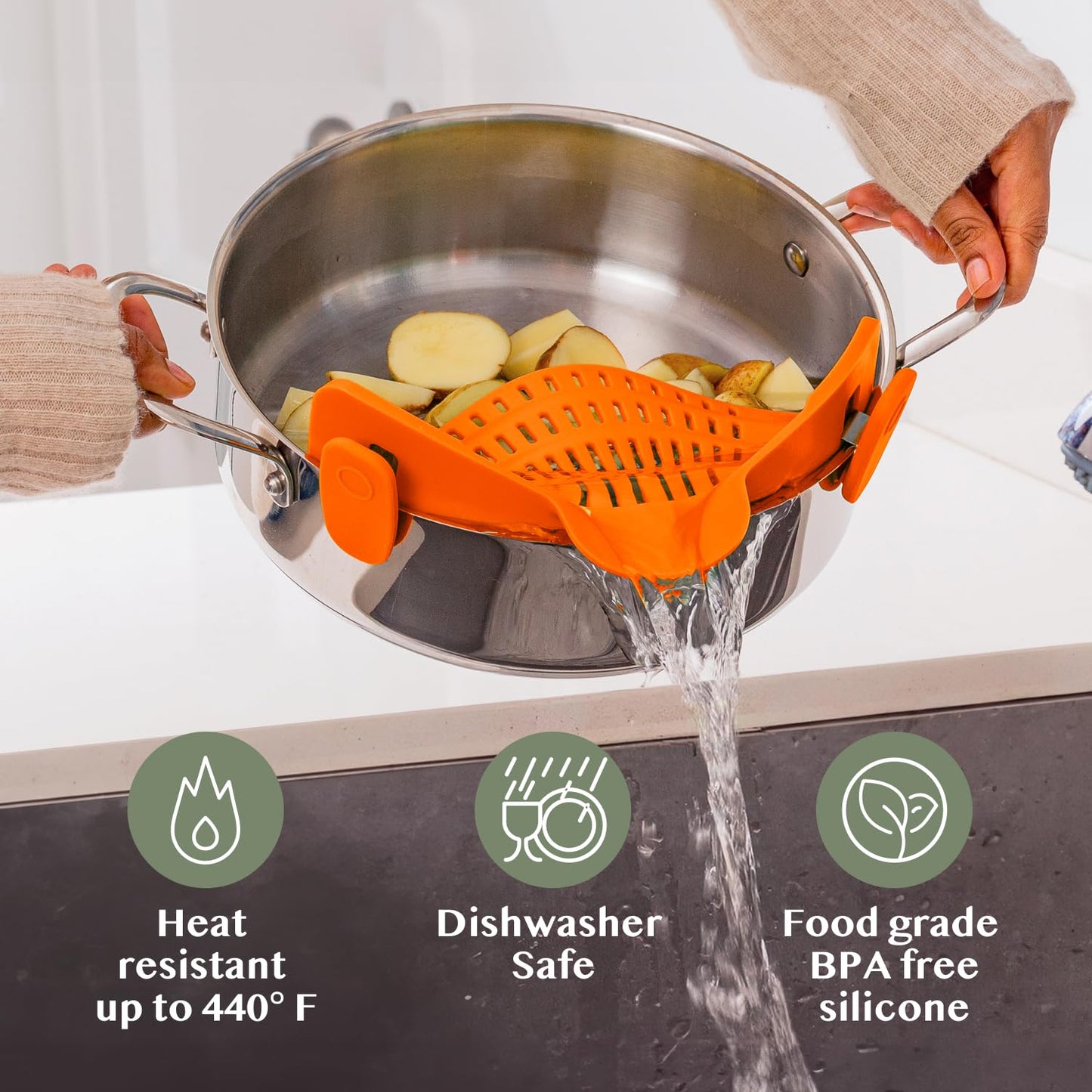 Kitchen Gizmo Snap N' Strain Clip On Strainer for Pots and Pans - Collapsible Silicone Pasta Strainer and Kitchen Gadget for Cooking - Easy to Use, Heat Resistant and Space Saving Colander - Green