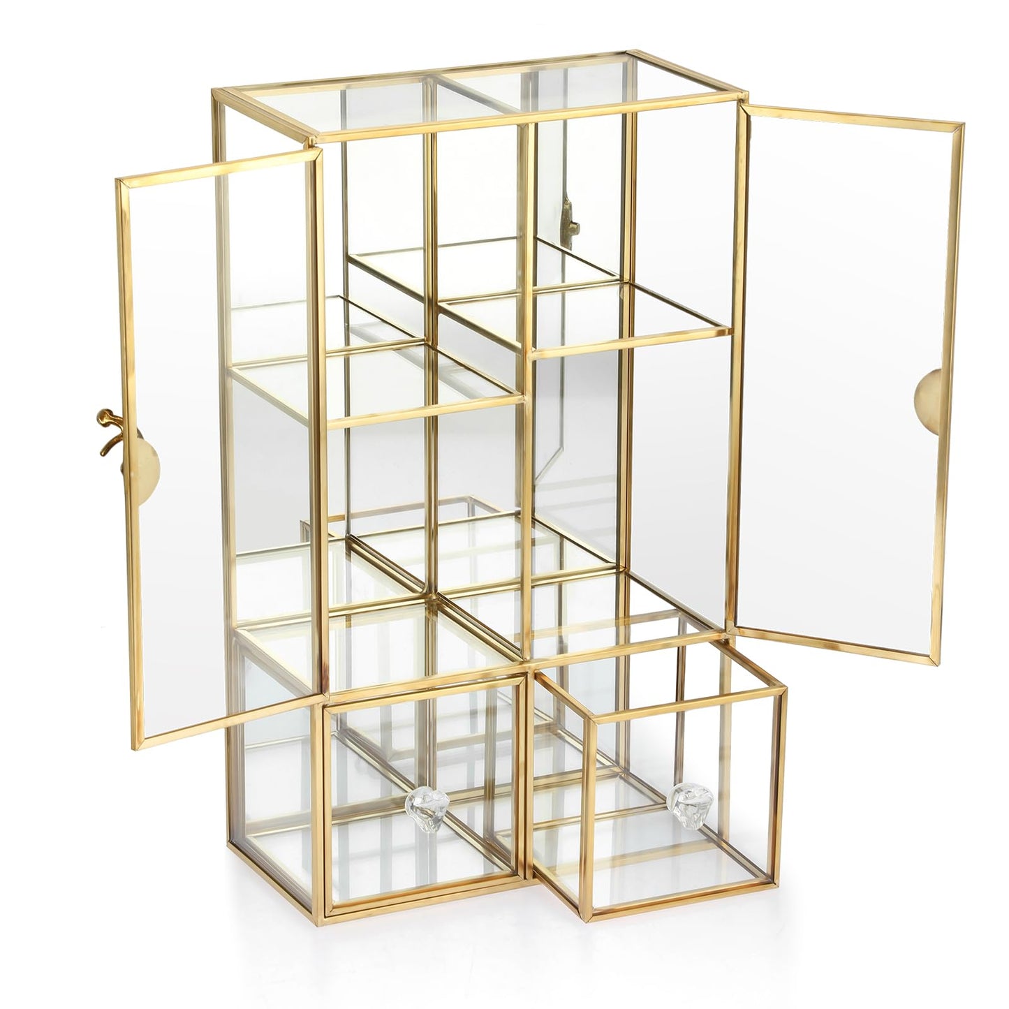 ELLDOO Clear Glass Storage Box with 2 Drawer, Gold Mirrored Jewelry Makeup Display Organizer Case, Decorative Tower Box Storage for Trinket Perfume Lipstick Figure Statue Toy Display
