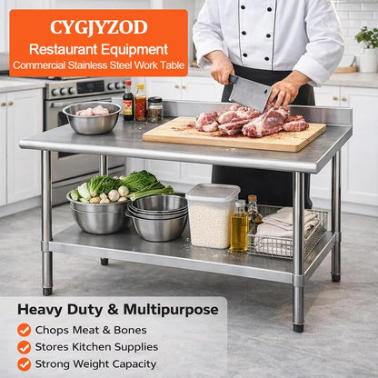 CYGJYZOD Commercial Stainless Steel Prep Table, 2-Layer Heavy Duty Kitchen Countertop, 43x24x31.5 Inch, Adjustable Height, Silver