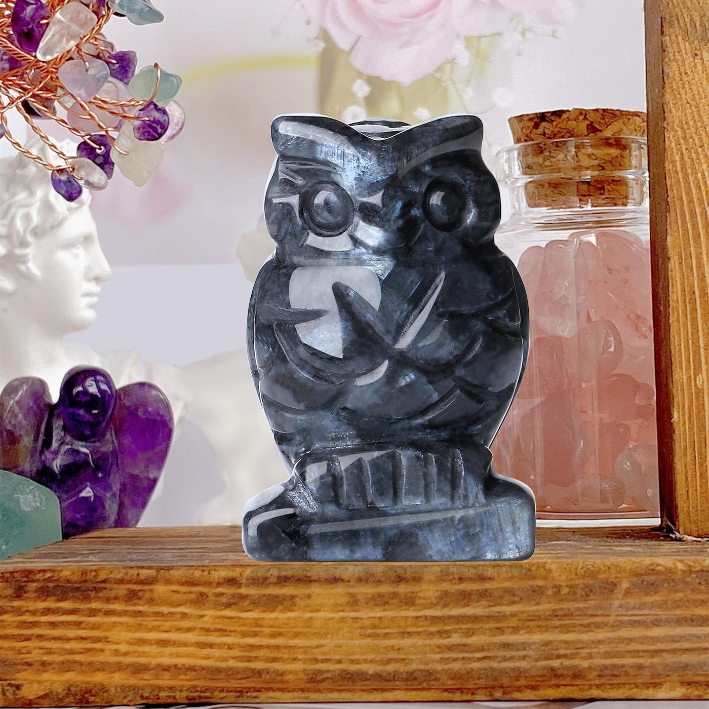 QINJIEJIE 2" Black Labradorite Crystals Owl Decor Stone Figurines Owls Statue Gifts Gemstone Home Sculpture Decorations Pocket Polished Cute Room Desk Gift for Men Women
