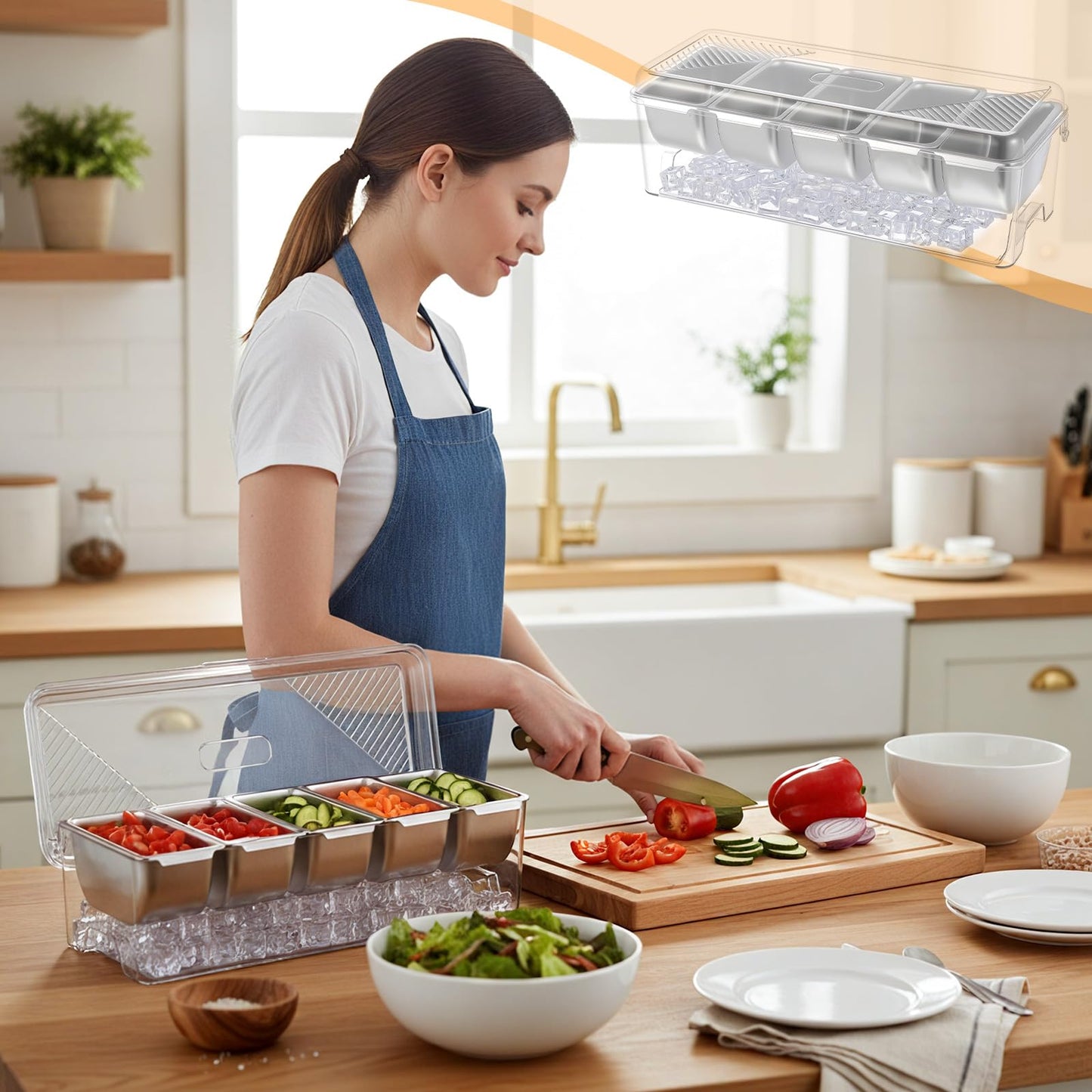 Large Ice Chilled Condiment Server Caddy with 5 Stainless Steel Removable Compartments, Clear Plastic Garnish Tray with Lid, 5 Forks and 2 Tongs, Fruit, Salad, Taco, Bar Platter for Party Bar Supplies