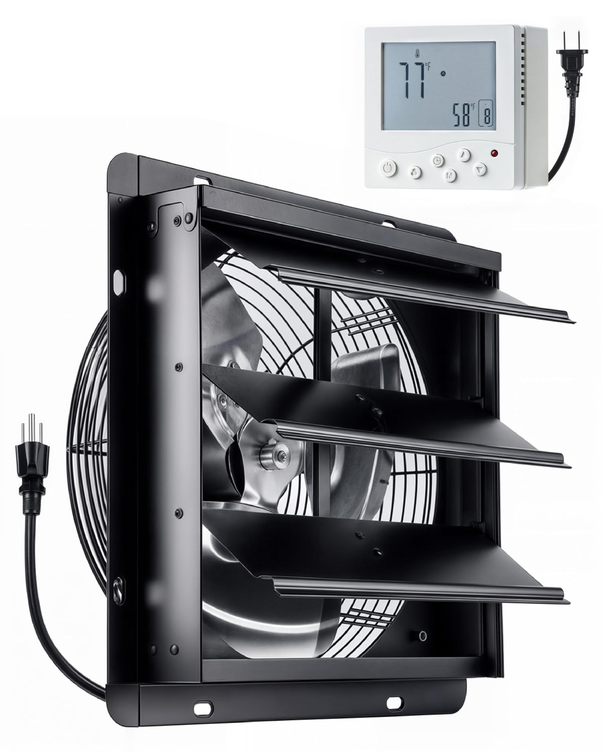 InoKraft Shutter Exhaust Fan with Wireless Control Panel, 12'' Wall Mount Attic Fan with Temperature Controller, 1500 CFM, 8-Speed Adjustable, Ventilation for Attic, Garage, Greenhouse, Chicken Coop