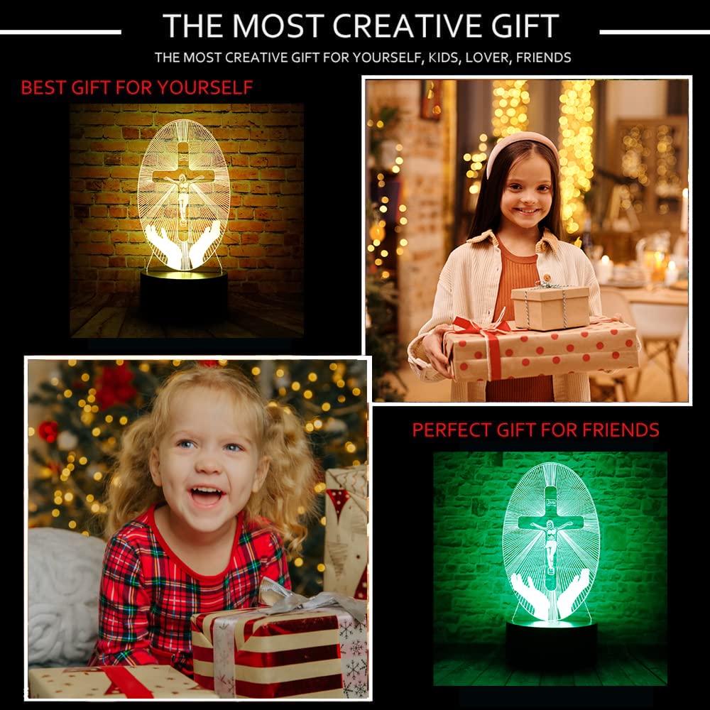 junnire Christ Jesus Cross 3D LED Visual Bedroom Decor Sleep Night Light