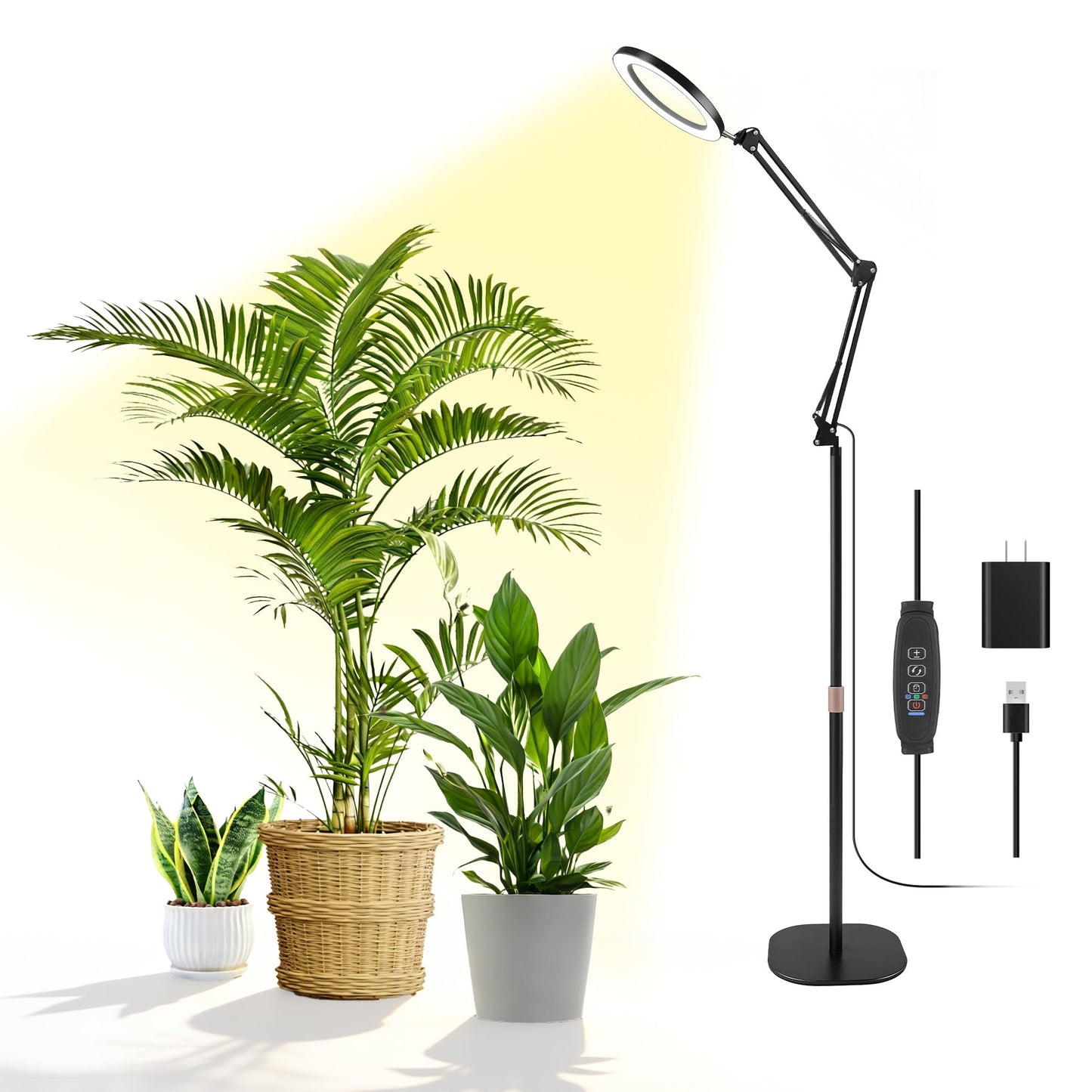 LETKEYS Floor Grow Lights for Indoor Plants, 10in Head Full Spectrum LED Plant Light with Stand, 10 Dimmable Levels & 3 Lighting Modes, Auto On Off Timer 3/9/12H, 36.6-66.6" Adjustable Height, Black