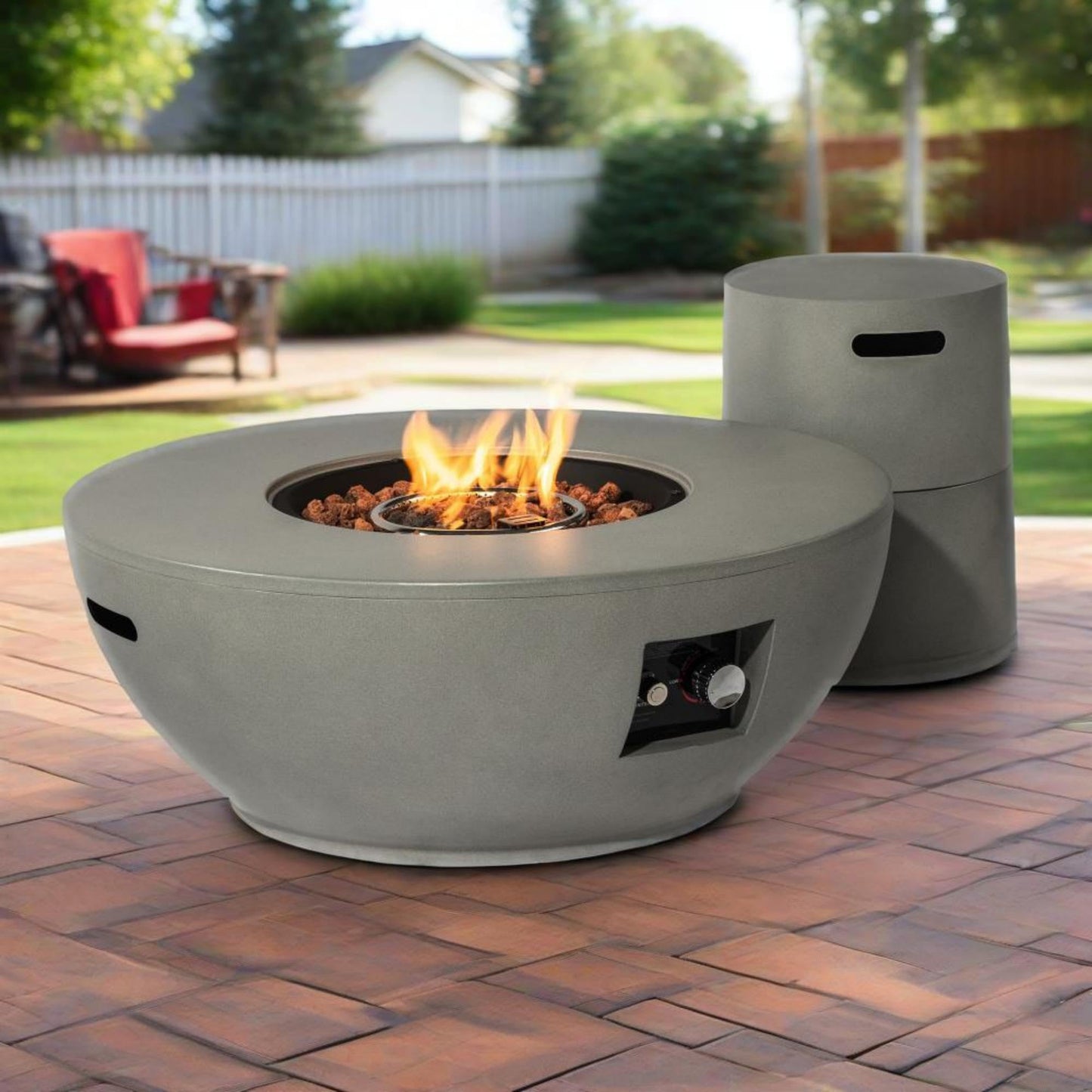 36" Propane Gas Fire Pit Table Set, 50000 BTU Round Steel Outdoor Fire Pit with Tank Holder & Lid, Patio Fire Table for Backyard, Deck, Garden, Grey