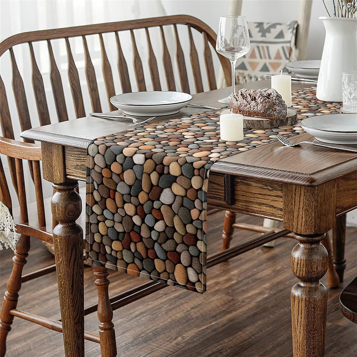 Pebble Table Runner 3D Stone Gravel Cloth for Dining Table - Garden Cobble Print Cobblestone Hawaii Beach Tabletop Decor 48"x13",Grey Brown