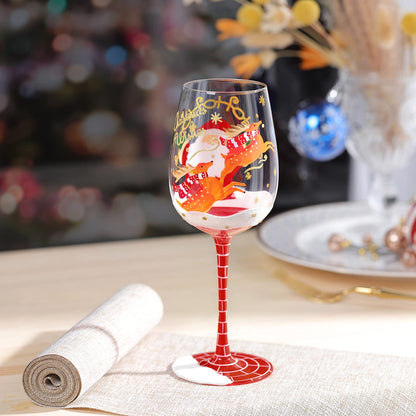 NymphFable Hand Painted Wine Glass 15oz Santa Claus Christmas Elk Deer Snowflake Xmas Christmas Gift for Family Friend（1 piece）