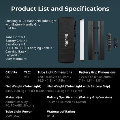 SMALLRIG RT25 RGB Tube Light Stick Kit, 25W RGBWW Led Light Wand, IP54 Waterproof, Handheld Light Bar, CRI96+, TLCI98+, 2500-10000K, for Photography, w 45Wh Battery Handle & Barndoor