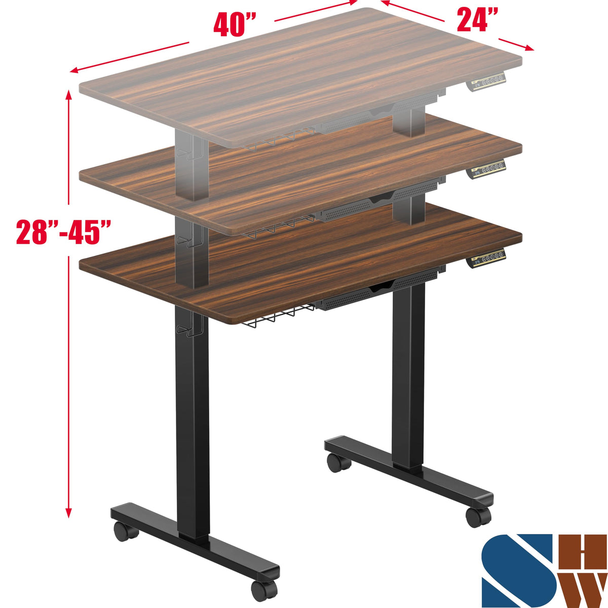 SHW 40-Inch Mobile Electric Height Adjustable Sit to Stand Desk with Drawer, Hanging Hooks and Cable Management, Walnut