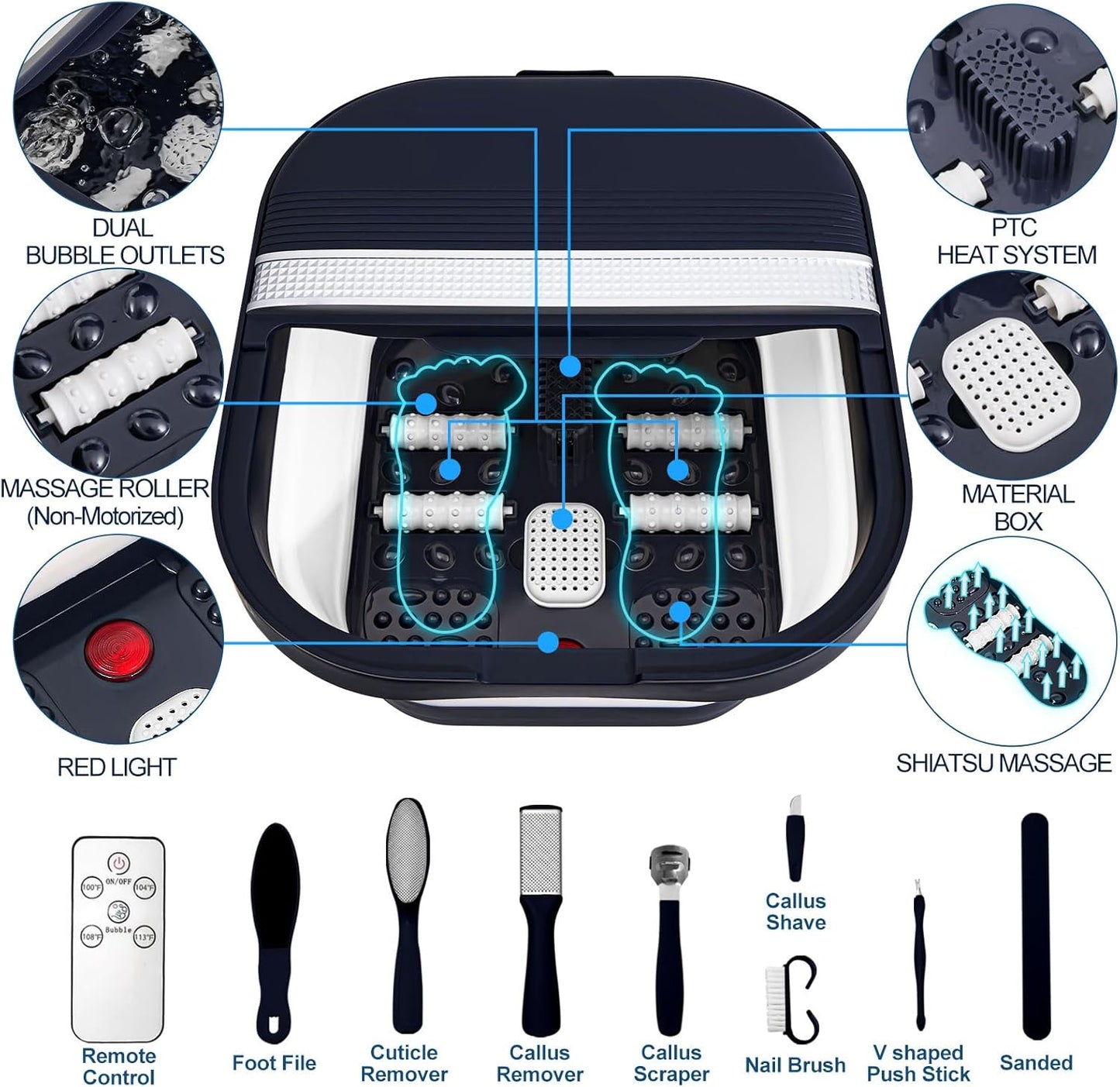 Collapsible Foot Bath Spa with Heat, Remote Control, Massage Rollers, Bubble, Foot Pedicure Kit, Red Light, Pedicure Foot Spa, Foot Bath for Gifts