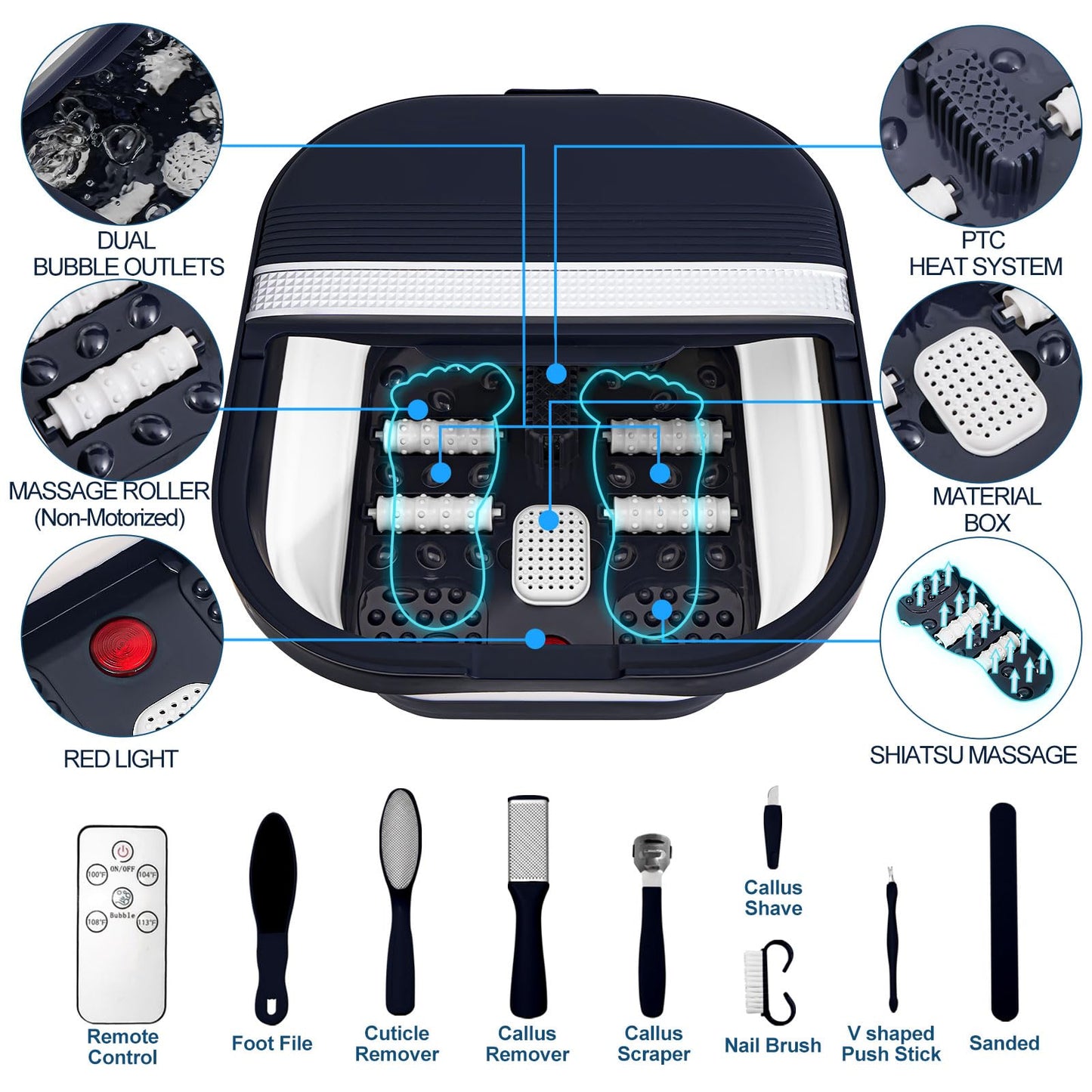 UNIFULL Collapsible Foot Bath Spa with Heat, Remote Control, Massage Rollers, Bubble, Foot Pedicure Kit, Red Light, Pedicure Foot Spa, Foot Bath for Gifts