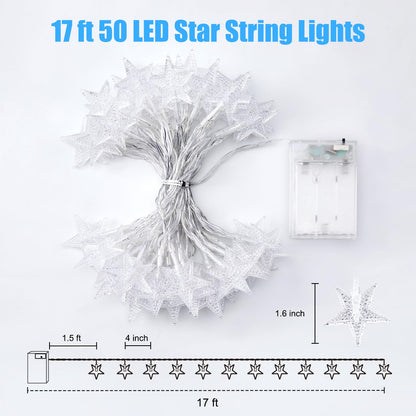 Minetom Star String Lights Battery Operated - 17 ft 50 LED Star Fairy String Lights with Timer, Waterproof for Indoor Bedroom Tent Loft Bed Patio Party Wedding Decor, White