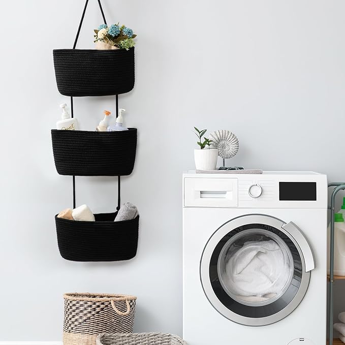 TeoKJ Over the Door Organizer, 3-Tier Woven Cotton Hanging Kitchen Baskets