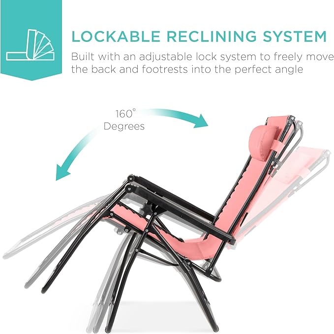 Best Choice Products Folding Zero Gravity Outdoor Recliner Patio Lounge Chair w/Adjustable Canopy Shade, Headrest, Side Accessory Tray, Textilene Mesh - Pink