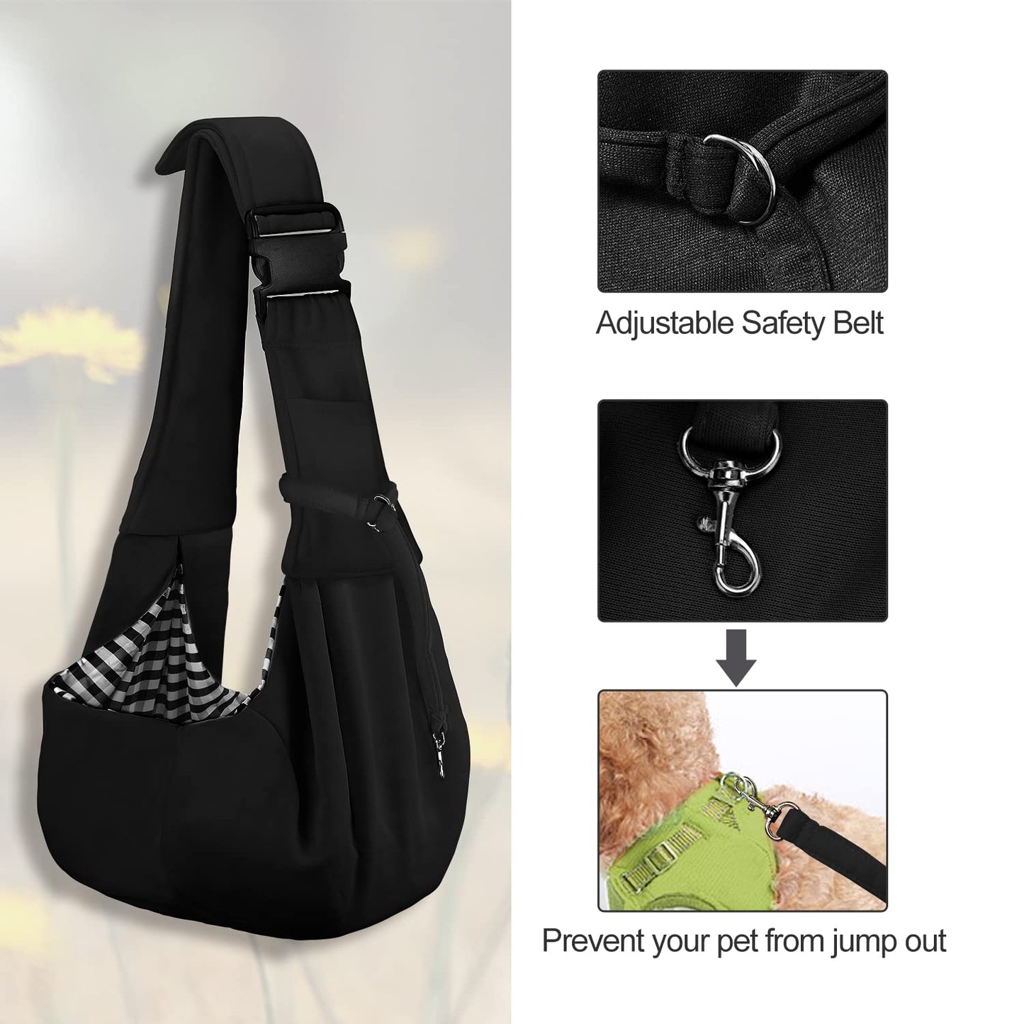 PETLOFT Reversible Sling Carrier, Adjustable, Hands-Free Cross-Body Design with Collar Hook for Small Pets up to 4.99kg (Black)