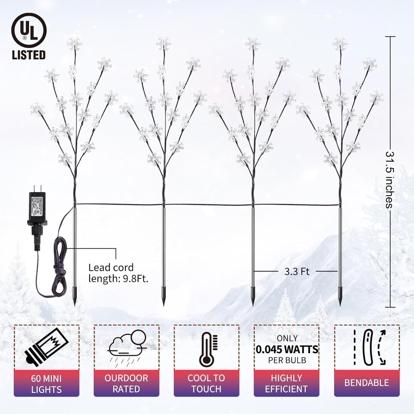 Brightown Snowflake Lights Outdoor Pathway, 4 Packs Lighted Branches Christmas Yard Decor, Small Christmas Tree with Lights, Twig Branch Light Outdoor Christmas Decorations Yard, White