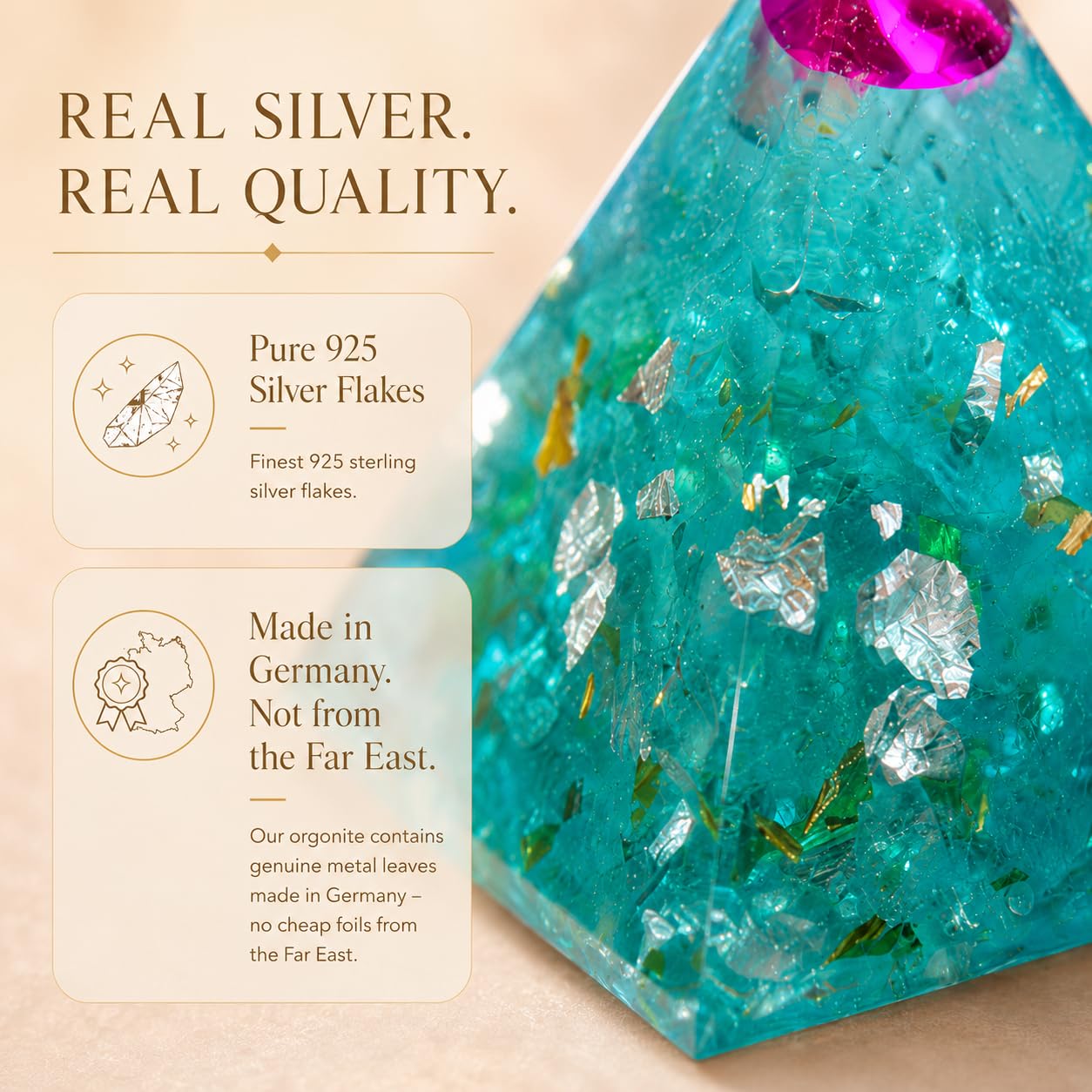 ORGONIC-Art Orgonite Pyramid – Inspired by Wilhelm Reich with Rock Crystal & Brass Leaf, a Symbolic Design Object for consciously Shaped Spaces in Today’s Modern Environment of WLAN, 5G & More