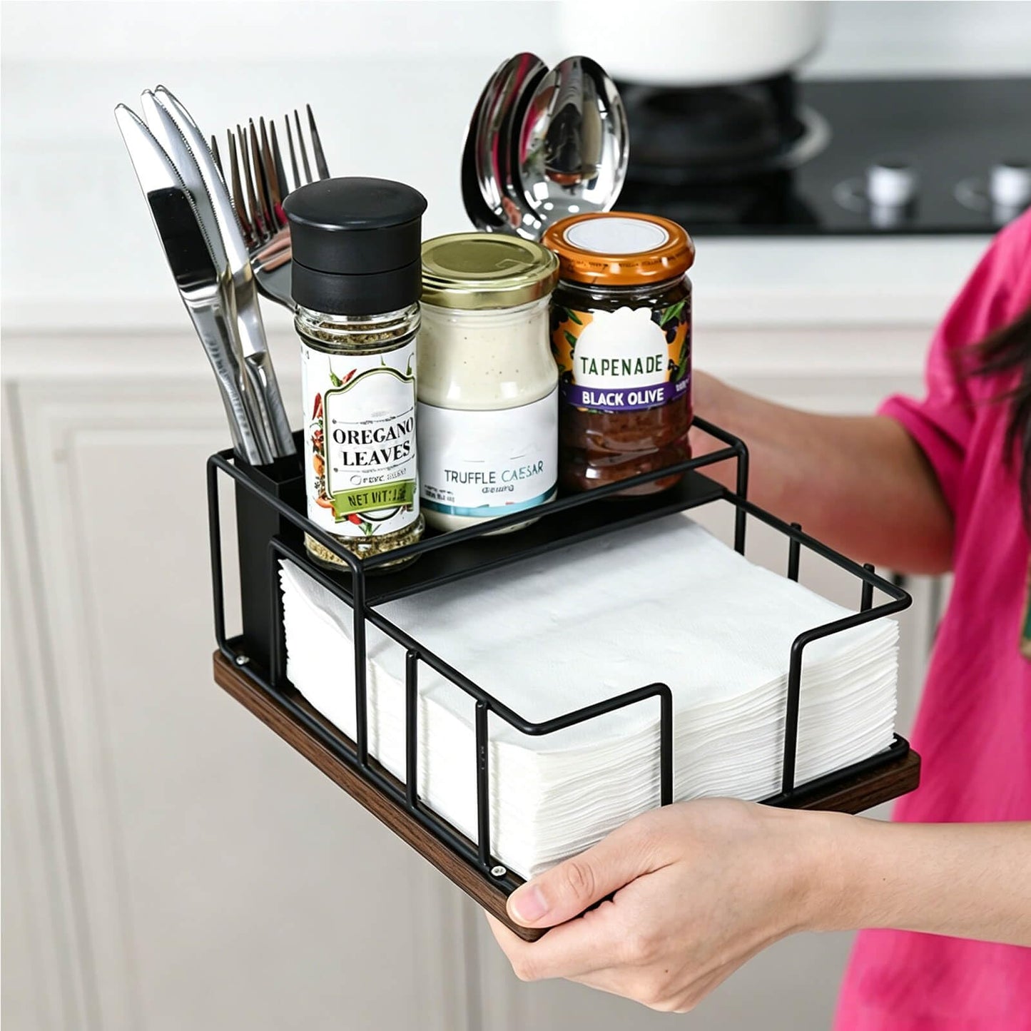 Napkin Holder for Table, Metal Napkin Holder Dispenser with Salt and Pepper Shakers Storage, 3-in-1 Utensil Holder Spice Rack for Kitchen Dining Table Buffet Patio Camping (Black)