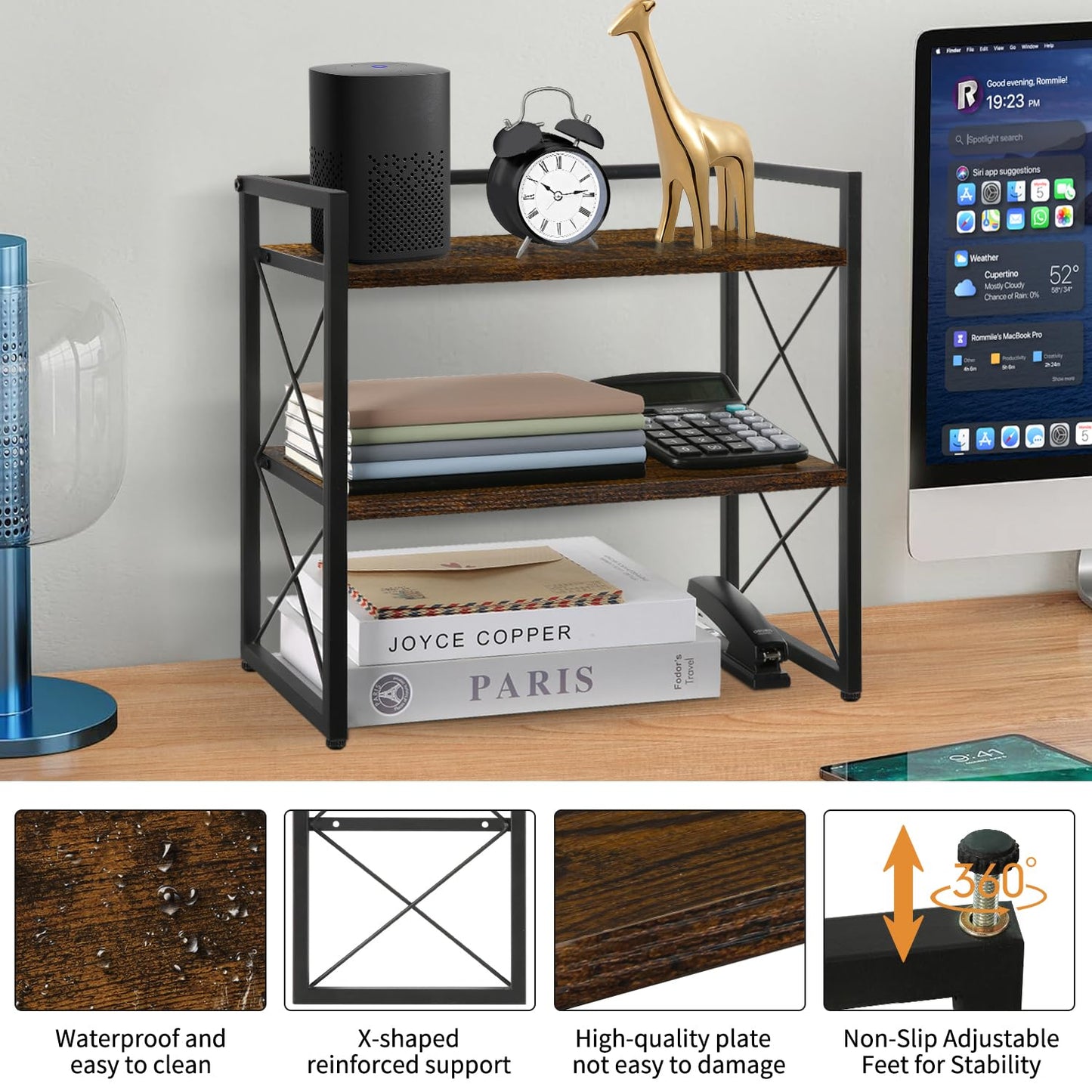 YINMIT Desktop Shelf Organizer, 2 Tier Office Shelves, Wood Desk Organizer Storage Rack and Freestanding Display Shelf for Office, Dormitory, Home