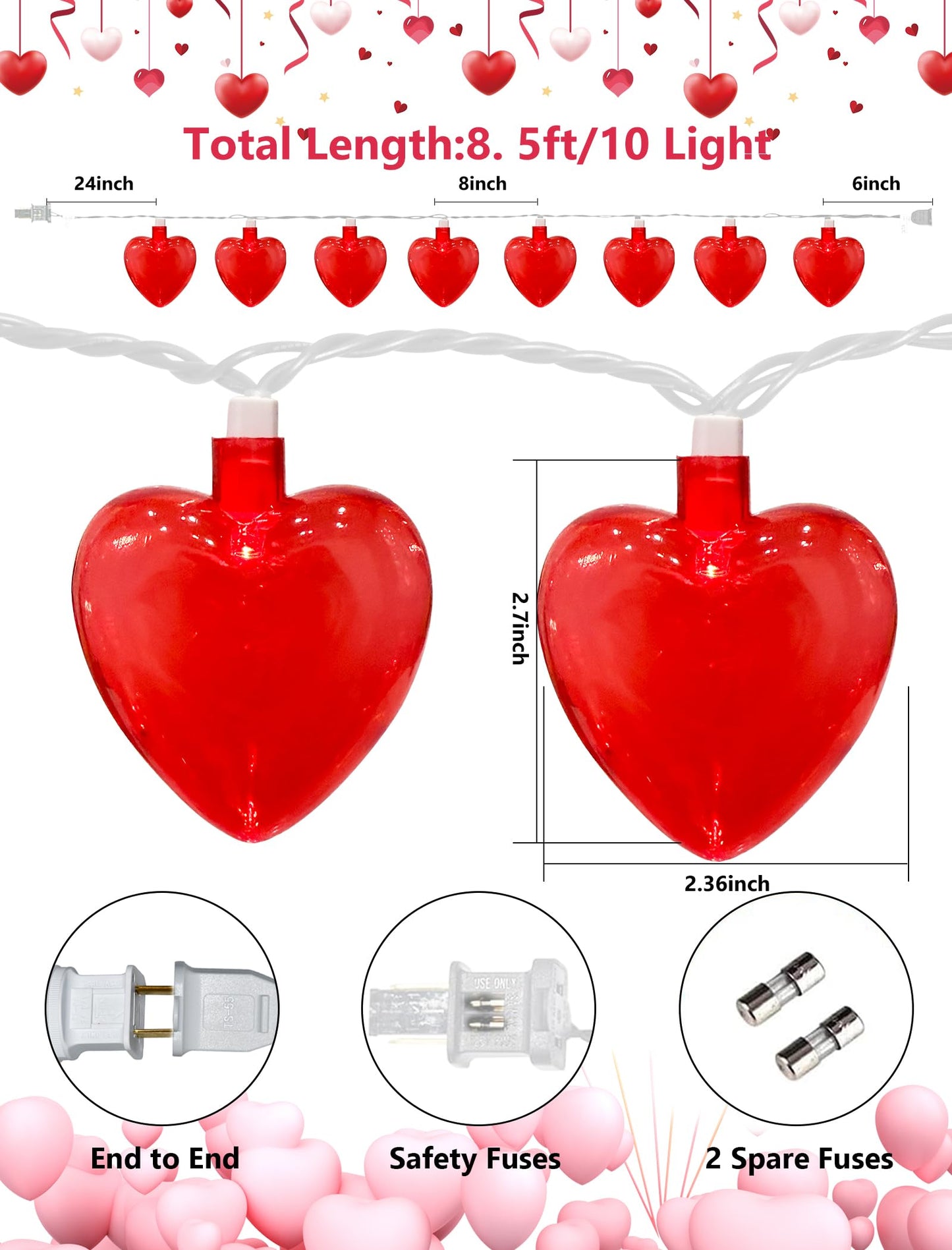 Valentines Red Heart String Lights Plug in, 8.5Ft Outdoor Valentine's Day Decorations Lights with 10 LED Red Heart Lights, Heart Fairy String Lights for Indoor Home Window Wedding Party Xmas Decor