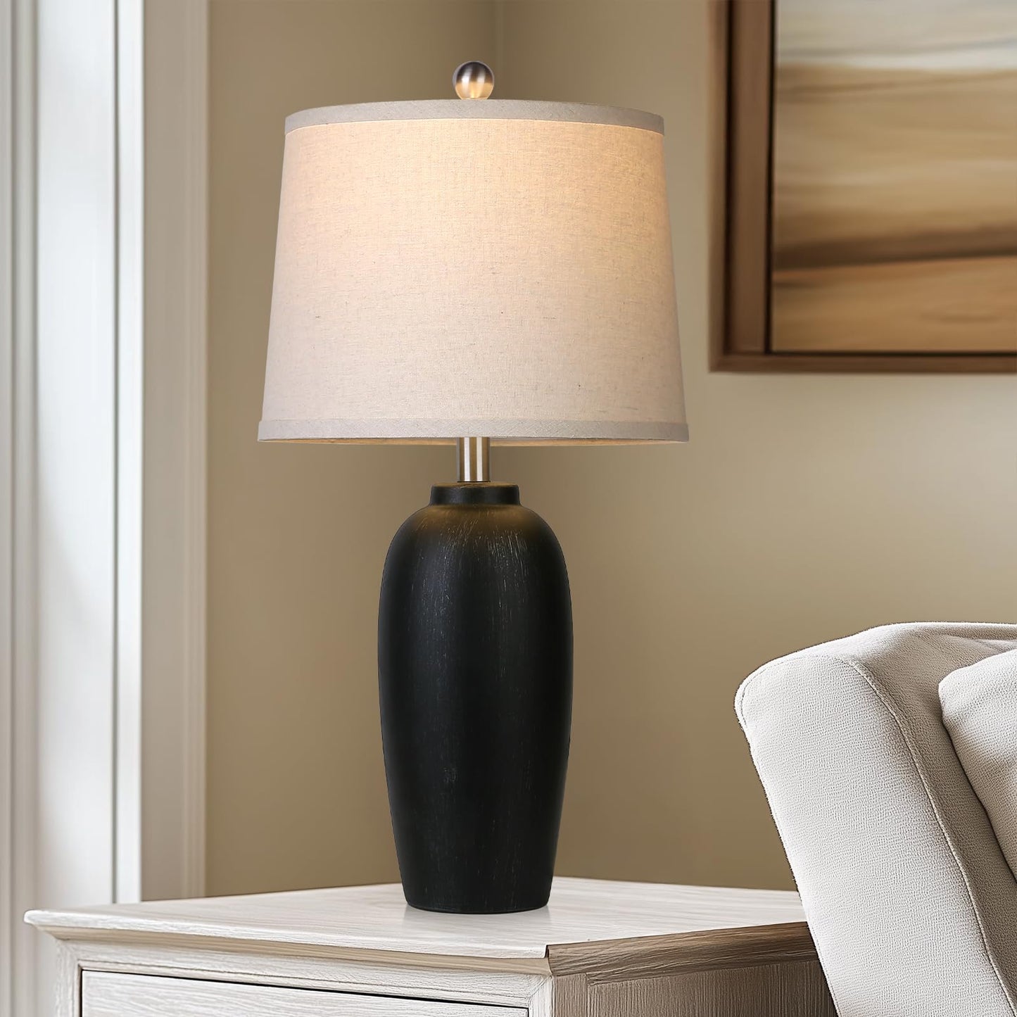 MOUVOVO Jar Table Lamps Set of 2, 25" Ceramic Bedside Lamps for Living Room, Black Farmhouse Nightstand Lamps for Bedroom