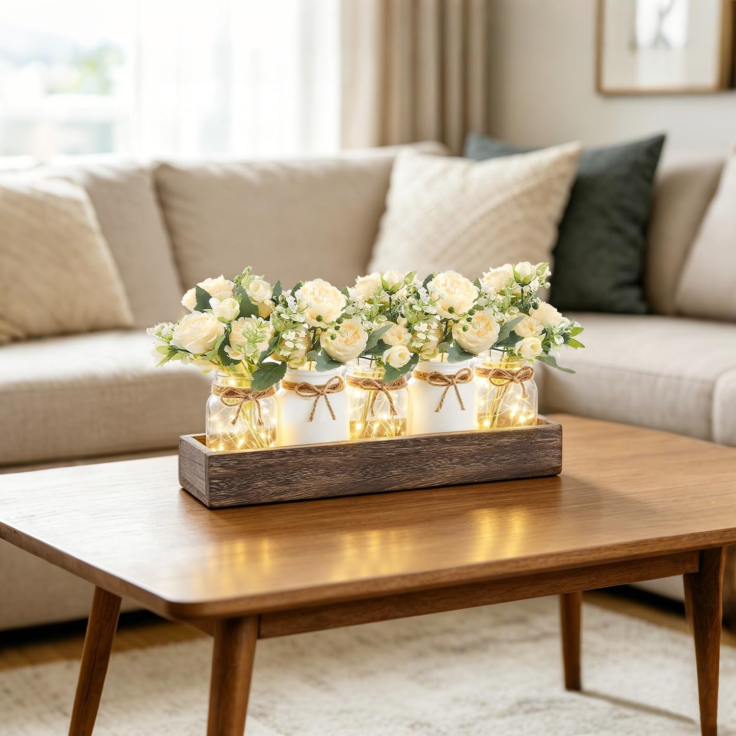 Mkono Mason Jar Lights Centerpiece Table Decor for Dining Room Farmhouse Wood Tray with Flowers Valentines Day Decoration for Coffee Table Kitchen Living Room Wedding