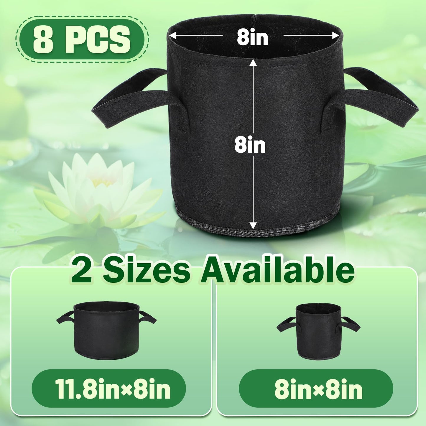 Aulock 8-Pack Lily Grow Bags for Pond - Durable Nonwoven Fabric Plant Pots with Handles, Aquatic Pond Planter for Aquatic Plants Water Lily, Black, (8''x 8''- 1.8 Gallons)