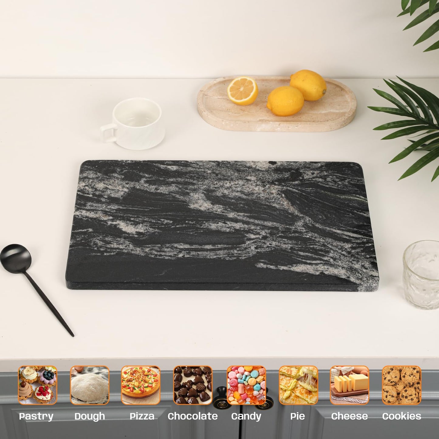 Adolif Black Marble Cutting Board for Kitchen, 12x20 Inch Marble Slab Pastry Board With Non-Slip Feet for Baking, Cheese, Charcuterie, Chocolate – Serving Tray Gift