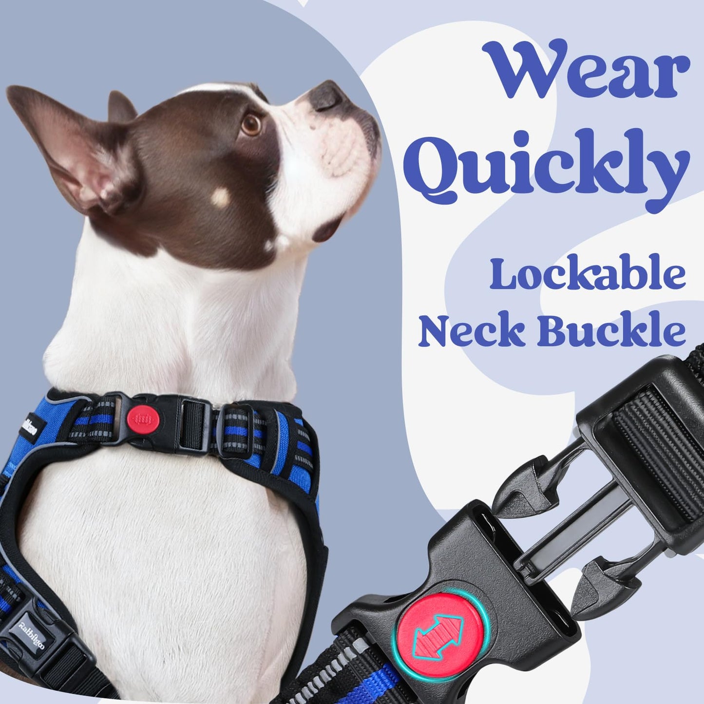 rabbitgoo Dog Harness Medium with Neck Release Buckle, Adjustable No Pull Harness with Front Back Clips, Soft Padded with Easy Control Handle, Reflective Pet Walking Vest, Blue, M