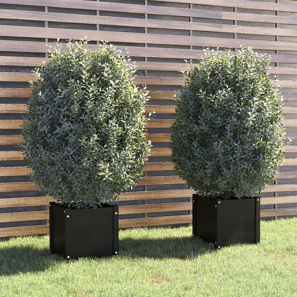 Xolmizyn Set of 2 Solid Pinewood Square Planters 15.7 x 15.7 x 15.7 Inch, Modern Matte Black Wooden Flower Pot for Garden, Terrace, and Indoor Decoration