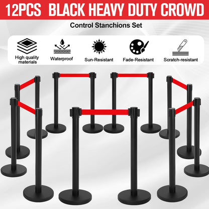 Therwen 12 Pcs Stanchions with 8.2 ft Retractable Belt Red Crowd Control Stanchions Set and Stanchion Post Sign Easy to Assemble Line Dividers Queue Ropes for Theaters, Weddings, Exhibitions