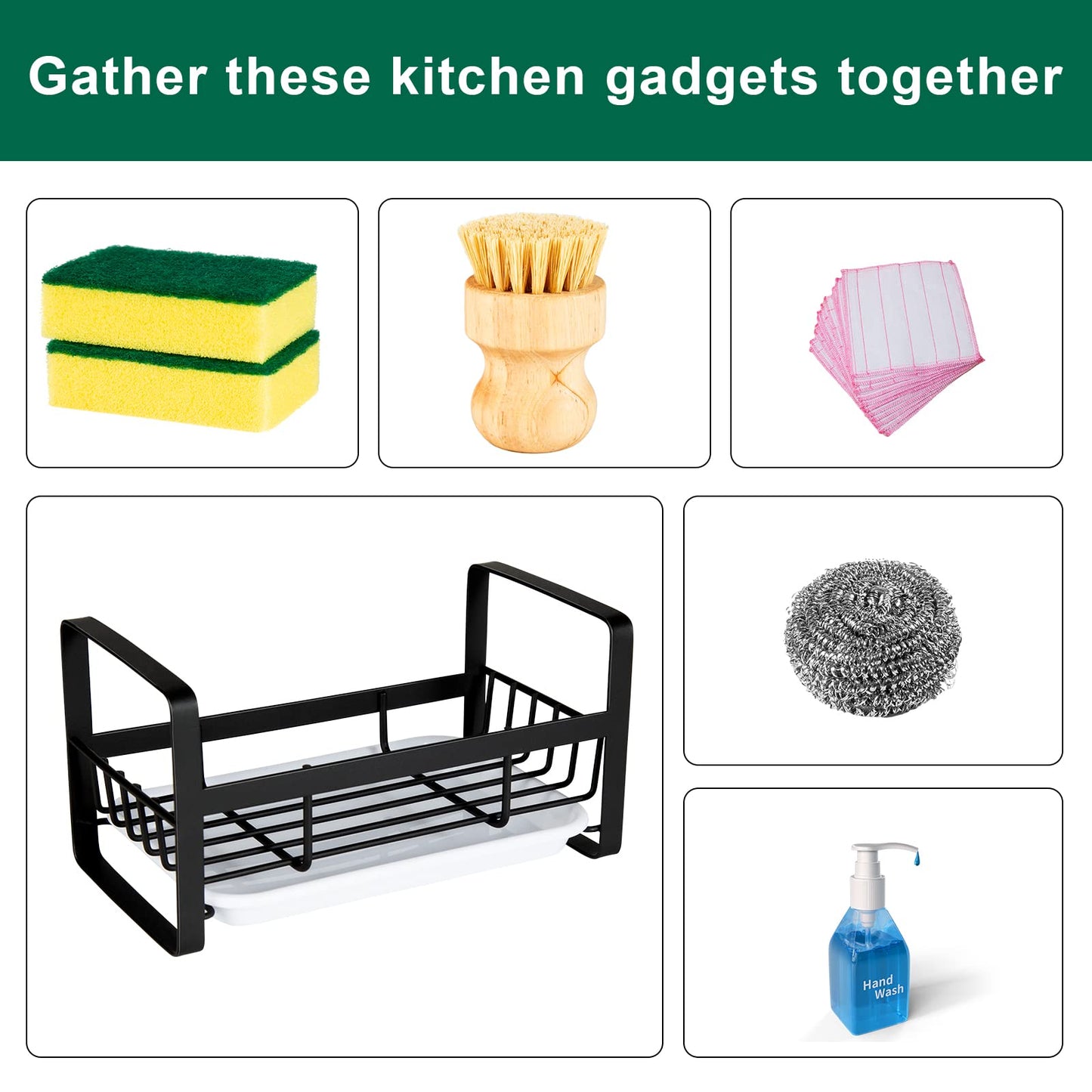 TEZZ Sponge Holder for Kitchen Sink- Stainless Steel Kitchen Sink Caddy for Organizing Sponge, Brush & Soap Dish Dispenser, coutertop Organizer Rack with Adhesive or Counter top, Black