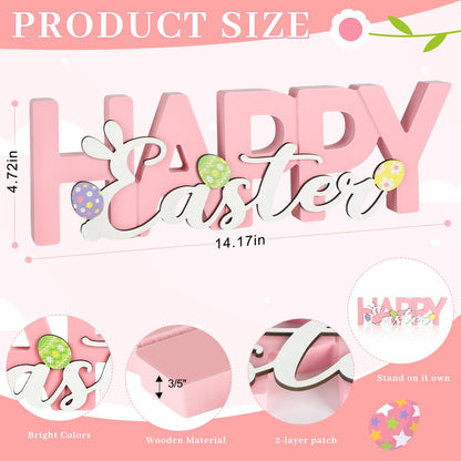 COCHIE Wooden Happy Easter Sign, Spring Decorations for Home, Office, Shelf, Mantel, Indoor, Wood Bunny Ear Egg Decor, Pink Spring Table Top Party Supplies Decoration (Easter)