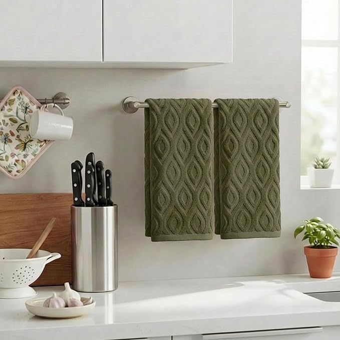 Artoid Mode 2 Pcs Olive Green 3D Diamond Grid Jacquard Hand Towels