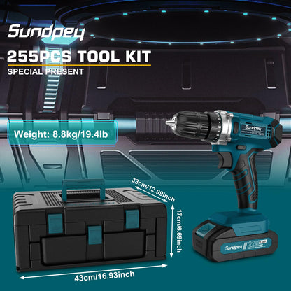 Sundpey Tool Kit with 21V Drill - Cordless Power Tool Set - 255-PCs General Basic Complete Home and Auto Repair Tools Set - Protable Household Tool Kit for Men Women(Wrench & Socket & Screwdriver Kit)