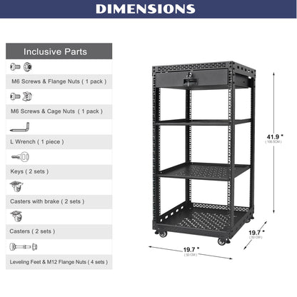 OCEANHUG 20U Server Rack Cabinet with Drawer & 2 PCS Full Size Rack Shelves - Integrated Top/Bottom Panels, 4 Rolling Wheels for 19" Equipment & Home Lab Studio