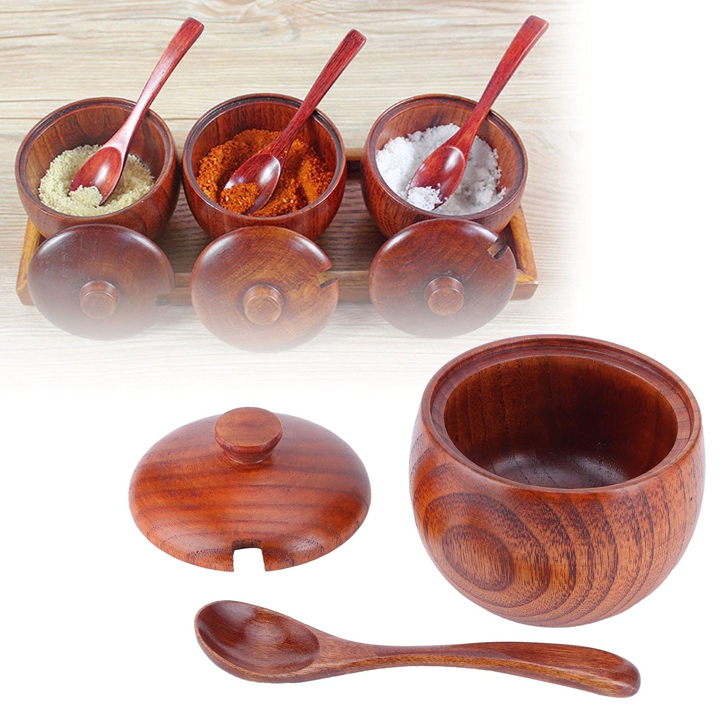 MOUMOUTEN Wood Spice Pot, Natural Wooden Salt Cellar with Lid and Spoon, Sugar Container Vintage Spice Jar Seasoning Container Cooking Utensil for Serving Condiment Chili Powder
