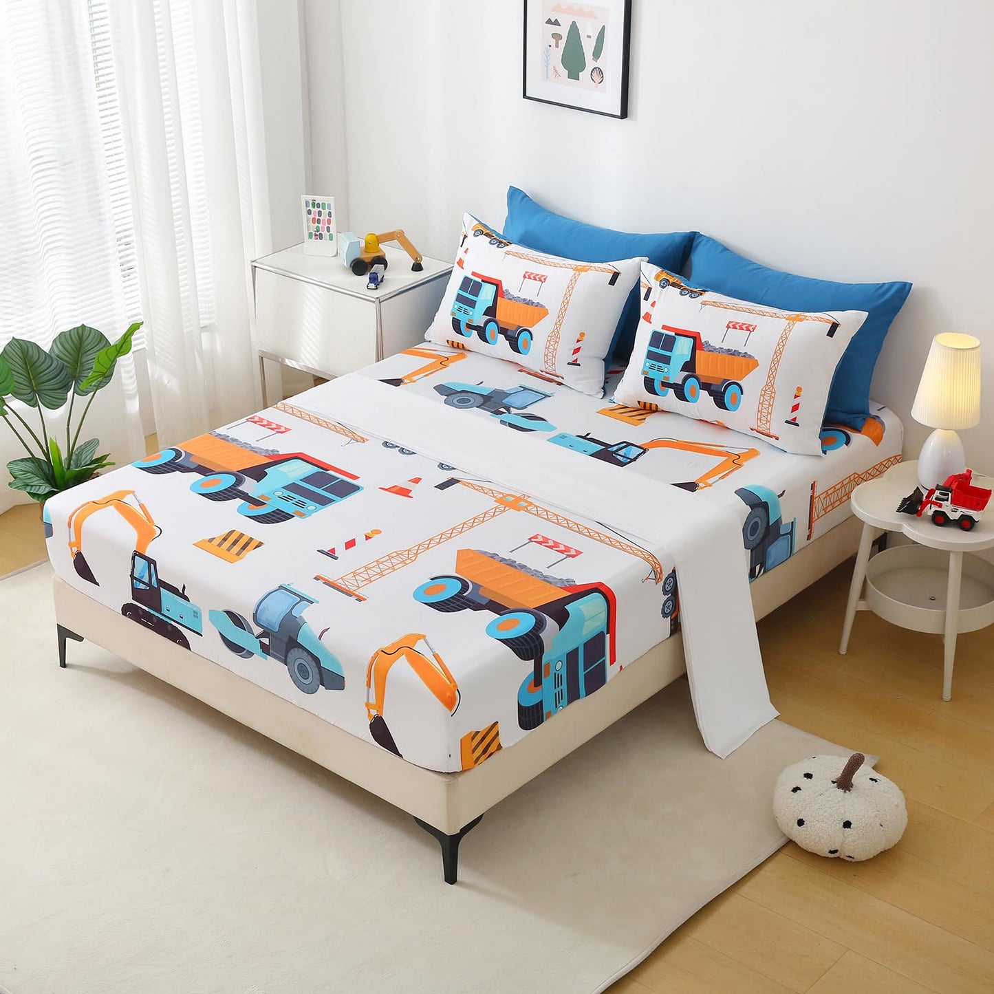 Jameswish 7 Pieces Boys Comforter Set Twin Size Excavator Bedding Set Cartoon Car Kids Bed in a Bag Construction Truck Bedding for Children Kids Boys Teens for Birthday Choice