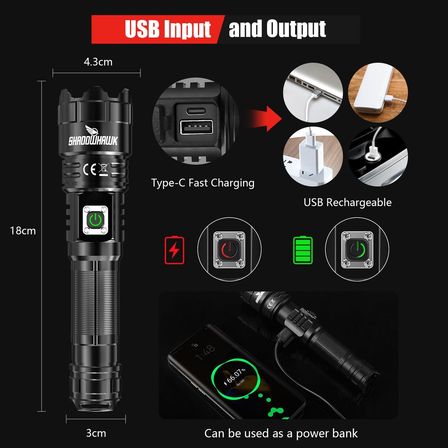 Shadowhawk Torches LED Super Bright, 500000 Lumens Rechargeable LED Torch, USB Tactical Flashlight, XHP70.2, IP67 Waterproof, 5 Light Modes Zoomable, for Camping Hiking Emergency