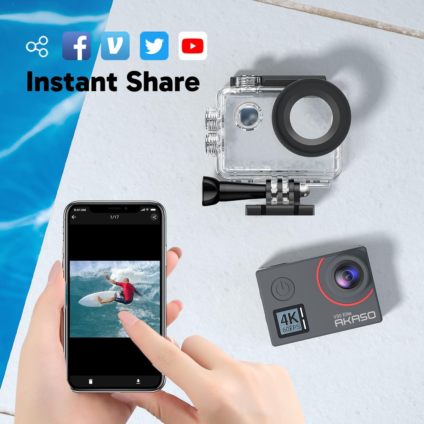 AKASO V50 Elite 4K60fps Action Camera with 128GB MicroSDXC U3 Memory Card Accessories Kit Bundle Voice Control EIS 131 feet Waterproof Camera 8X Zoom Remote Control