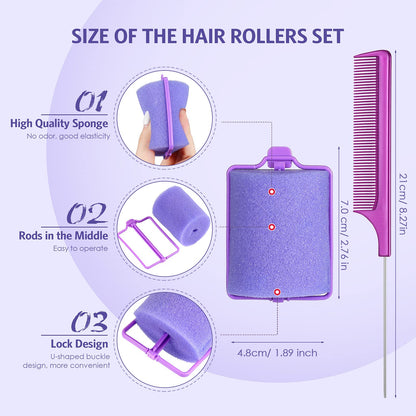 Syhood 12 Pcs Jumbo Foam Sponge Hair Rollers 1.89 Inch Soft Sleeping Curlers Flexible Large Foam Rollers and Rat Tail Comb for Hair Styling(Purple)