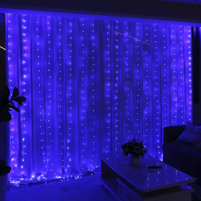 HXWEIYE 300LED Fairy Curtain Lights, 9.8x9.8Ft USB Plug-in 8 Modes Christmas String Hanging Lights with Remote for Bedroom Backdrop Wedding Indoor Wall Decor, Blue, Tangle-Free – 1 Pack