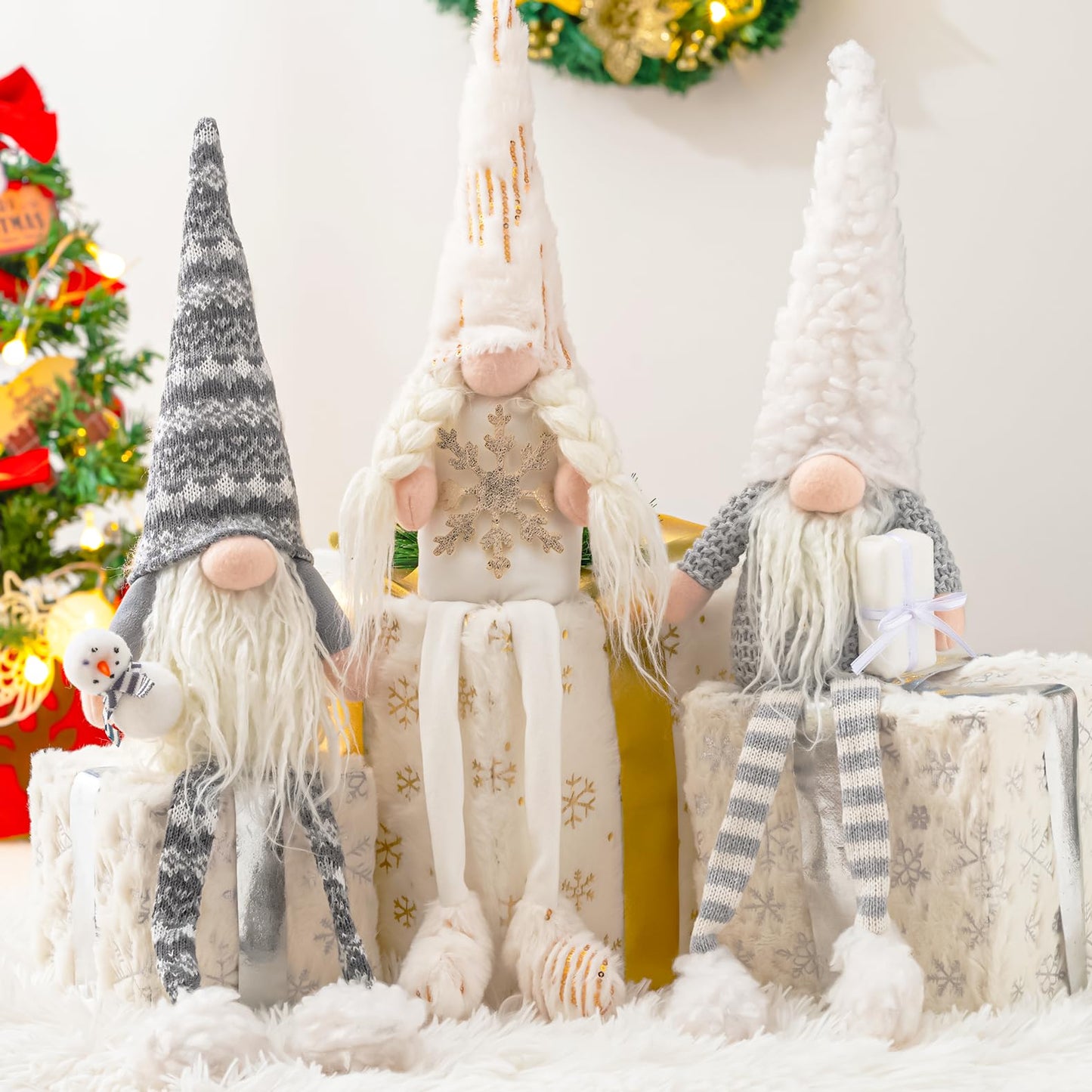 DraMosary Christmas Gnomes Plush Elf Decoration,3PCS Handmade Winter Gnomes Snowflake for Home Office Table Ornament Tiered Tray Party Decor