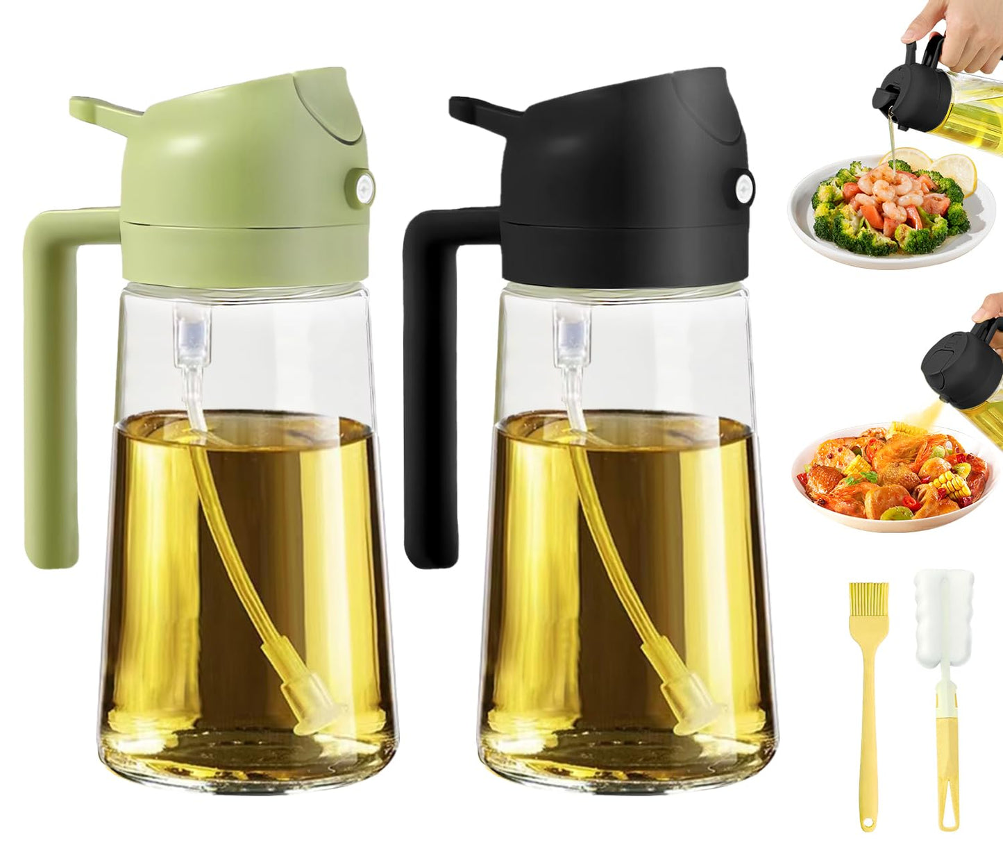 Oil Dispenser for Kitchen, 2 in 1 Olive Oil Sprayer, Olive Oil Dispenser Spray Bottle with Brush, Oil Sprayer for Cooking for Air Fryer, Barbecue, Salad 16oz/470ml (Black)