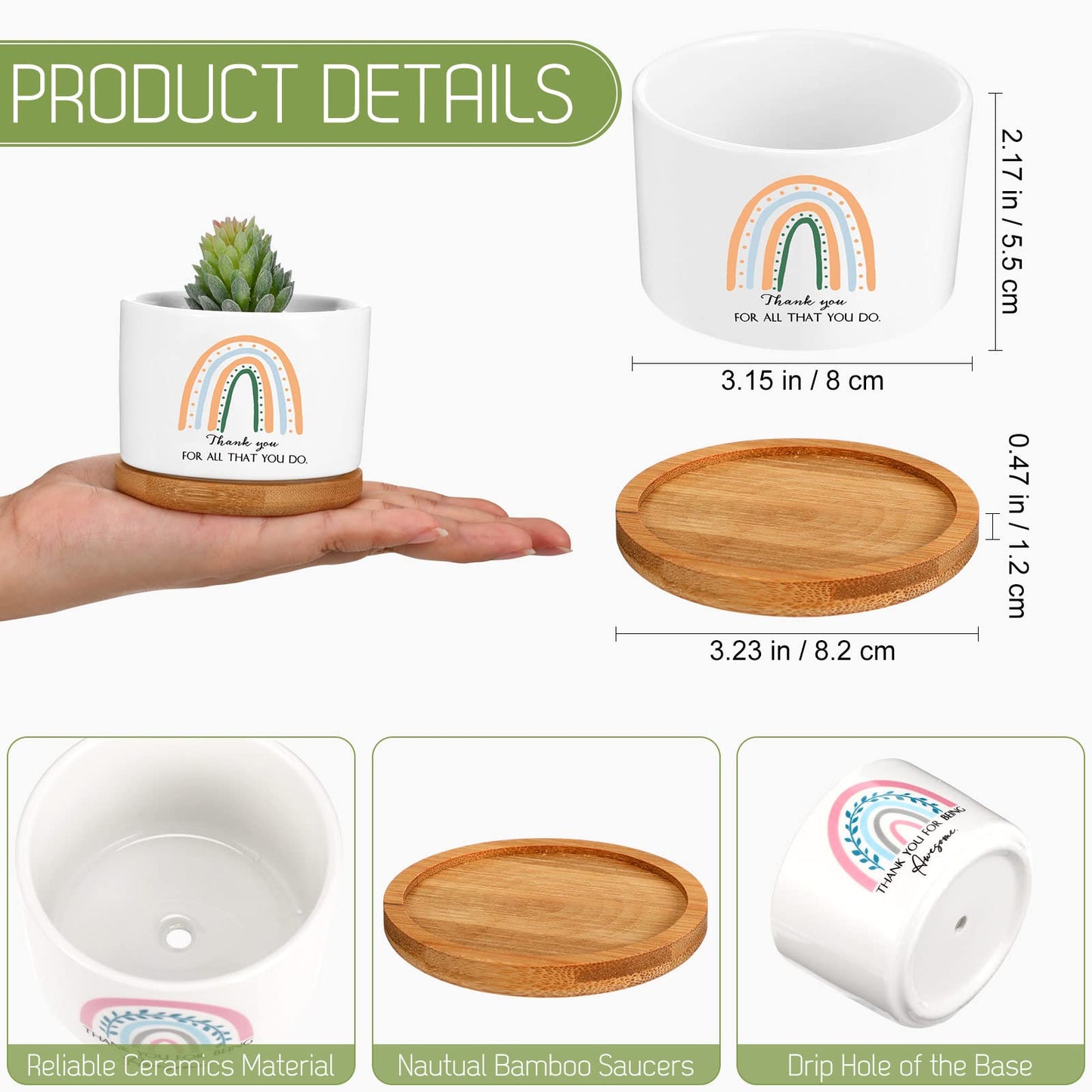 Sieral 6 Pcs Thank You Employee Appreciation Gift Succulent Pots Social Worker Gift Ceramic Plant Pot with Bamboo Tray Succulent Planter for Coworker Teacher, Plants Excluded (Boho Style)