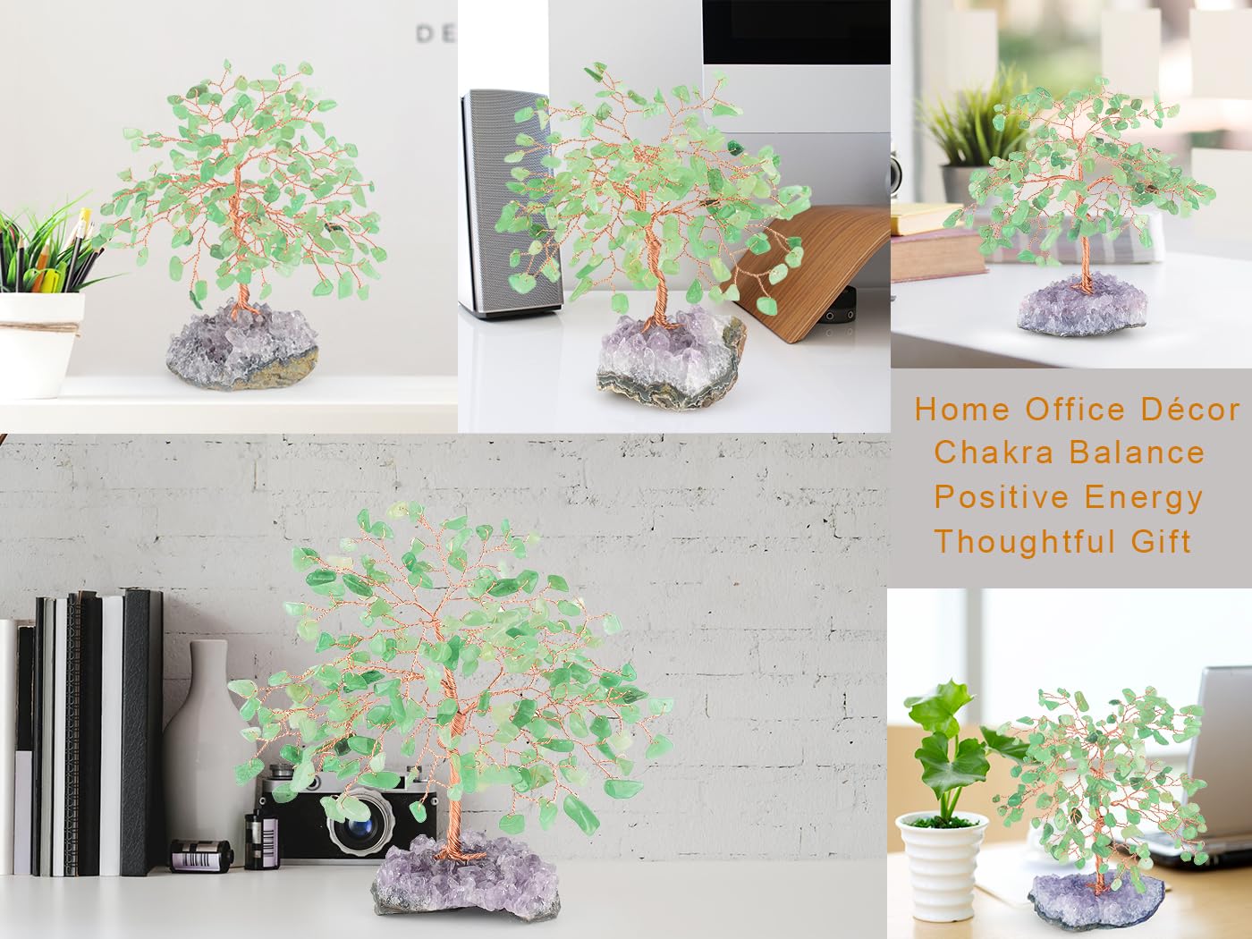 MASGEMES Gemstone Crystal Tree of Life,Natural Green Aventurine with Amethyst Cluster Base,Feng Shui Gift Bonsai Money Tree,Home Decor for Luck and Wealth 5.5"-6.3"
