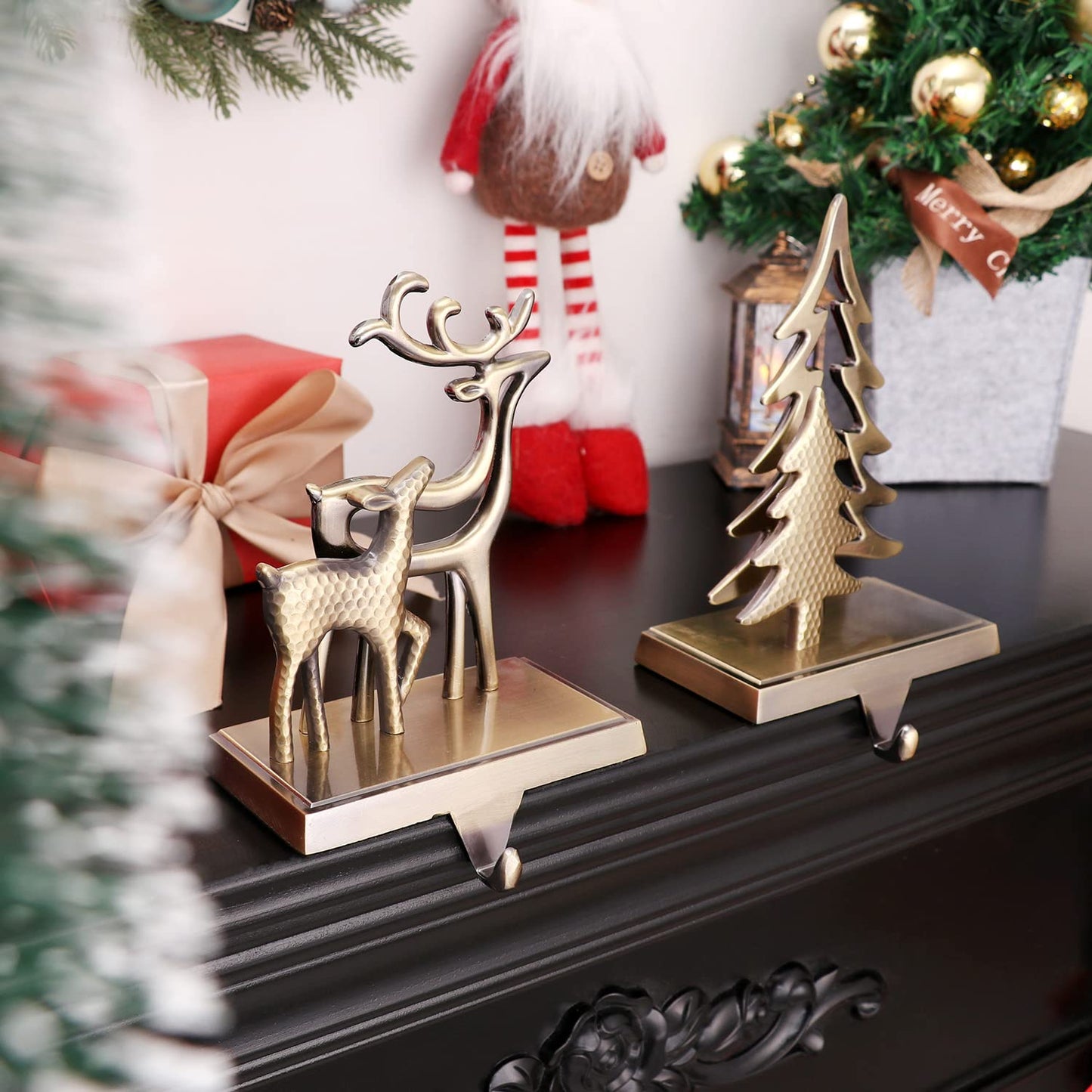 WeddPtyFr Christmas Stocking Holders for Mantle Set of 2 Christmas Stocking Hangers for Fireplace Anti-Slip Mantel Hanger Hooks for Stocking Hanging Ornament Firepiece Xmas Decor (Tree and Reindeer)