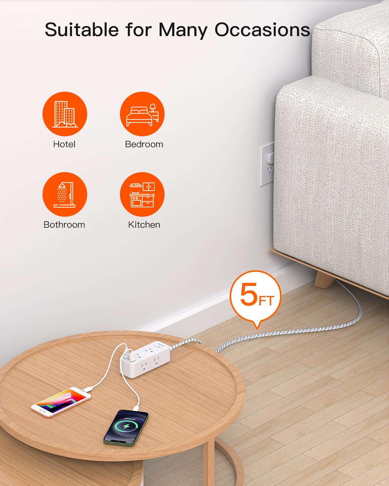 Power Strip Surge Protector, BESHON 5Ft Extension Cord, 6 Outlets with 4 USB Ports (2 USB C Outlet), 3-Side Outlet Extender, Wall Mount, Compact for Travel, Home, School, College Dorm Room and Office